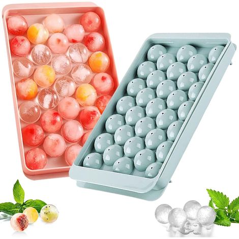 Juego de 2 bandejas redondas para cubitos de hielo  con tapa, apilables, LFGB, sin BPA, azul y rosa. (1/4)