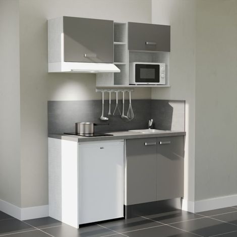 Kitchenette K13L-PT - 140 cm - plan stratifié, évier inox, - Façade Gris - Plan Gris béton - Evier Inox - Crédences Oui + Electroménager inclus coloris Blanc