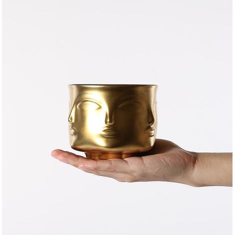 Bol en céramique dorée à motif de visage - Vase décoratif multifonctionnel, organiseur de bijoux et porte-clés pour le salon (1/3)