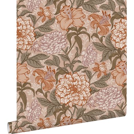 papier peint fleurs vintage vieux rose, vert grisé et rose terracotta - ESTAhome (1/5)