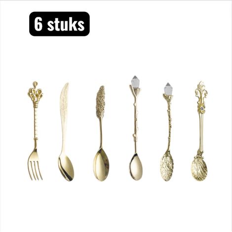 ensemble (6 pièces) - Couverts - Cuillères - Cuillères à long drink - Ensemble de couverts en acier inoxydable - Cuillères à glace et à confiture - Cuillères à café style antique - Doré (1/4)