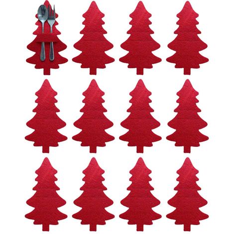 Sac À Couverts Forme Arbre De Noël - Tissu - Rouge Vert Gris - 20 X 11 Cm - Lot De 12 Pièces (1/5)