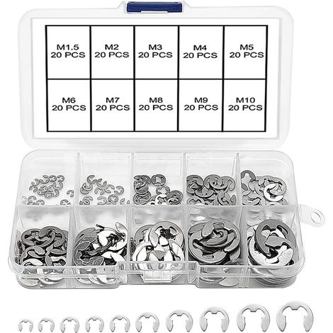 200 Pièces Bague de Retenue Eexterne Snap Kit, En Acier Inoxydable E-Clip Anneau de Retenue Externe Snap Kit, 10 Tailles M1.5/2/3/4/5/6/7/8/9/10 avec Boîte en Plastique (1/5)