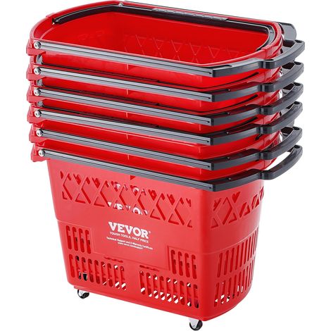 Panier de courses, lot de 6, panier à provision en plastique roulant sur roulettes, 39 L, avec poignée, 540x330x365 mm, grand panier portable pour magasin de détail, supermarché, épicerie, rouge (1/5)