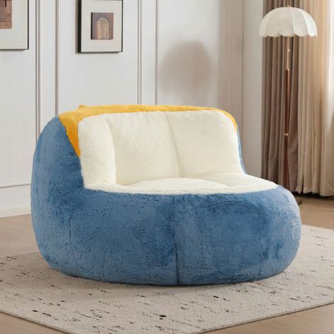 Poufs géants, canapé multicolore en fausse fourrure garni de mousse déchiquetée, grand canapé méridienne pour salon, aucun assemblage requis, bleu + blanc + jaune, livraison sur place (1/5)