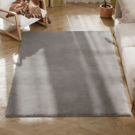Tapis Salon - 160 x 120 cm - Poils Longs - Antidérapant - Lavable En Machine - Fausse Fourrure - Gris Clair (1/5)
