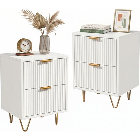BLANKETSWARM - Lot de 2 Table à Chevet, Table de nuit - 2 Tiroirs - Manches et pieds en couleur doré - Style scandinave pour salon, chambre, 40 x 40 x 55 cm, Velours Blanc (1/5)