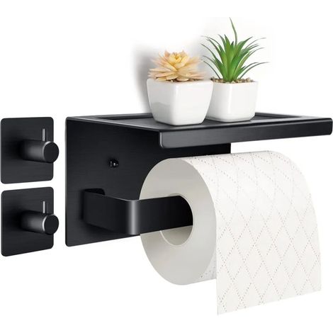 royaluxe - Porte-papier toilette sans perçage, porte-papier toilette en aluminium avec étagère de 17 cm, porte-papier toilette autocollant avec 2 crochets adhésifs, porte-rouleau de papier toilette mu (1/4)