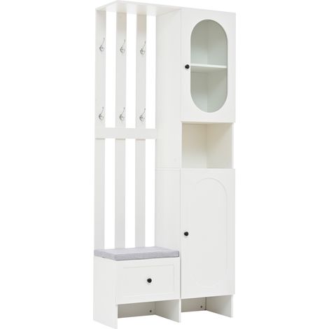 Mueble de entrada blanco 85 x 33,5 x 200 cm con 2 armarios, 6 ganchos y banco zapatero (1/5)