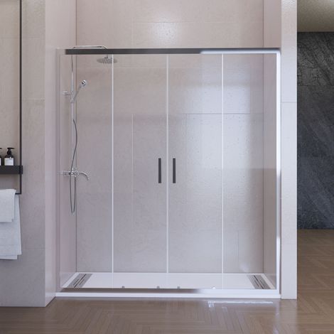 Mampara de ducha frontal corredera 180 cm 2 puertas + 2 fijos Plata cromo Cristal transparente 6 mm perfil inferior 195 cm altura (1/4)