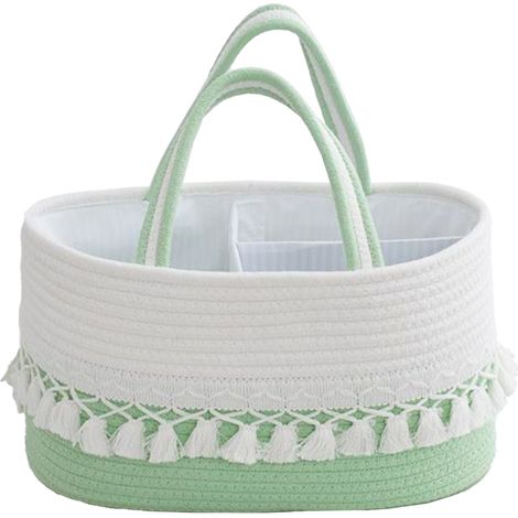 Panier de rangement bébé [Vert menthe/Blanc] 36x22x18cm ovale, compartiments amovibles, tissé à la main avec pompons (1/5)