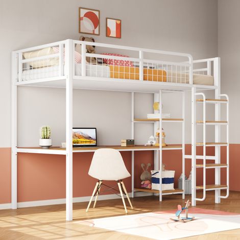 DESVIAE Lit mezzanine enfant métal avec bureau et étagères 90 x 200 cm échelle sécurisée à marches garde corps grillagé blanc (1/5)