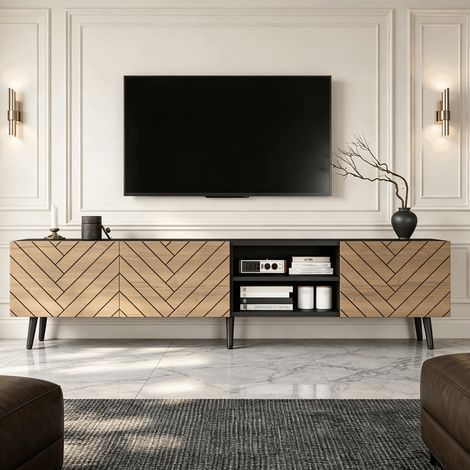 Meuble TV bas 180 cm pour TV 75 pouces, 3 portes à fermeture silencieuse, niche centrale, passe-câbles, effet bois et Noir (1/5)