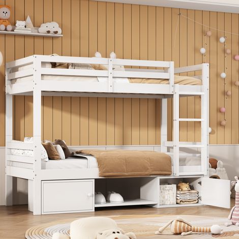Lit superposé enfant 90x200 cm blanc en pin et MDF, rangement, séparable - CHICFURN (1/5)