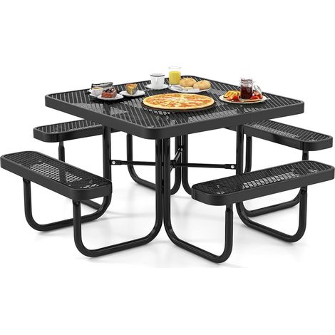 COSTWAY Conjunto Mesa y Banco de Picnic de 8 Personas, Mesa Cuadrada Camping de Metal Revestido, 4 Bancos y Orificio para sombrilla, Mueble Jardín Terraza Exterior 193 x 193 x 76 cm (1/5)
