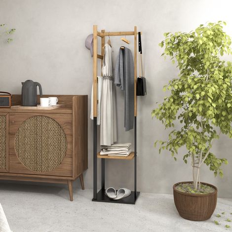 Perchero de bambú, perchero de madera con barra para colgar ropa, estantes, ganchos y 4 barras laterales. (1/5)