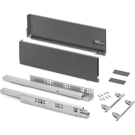 Kit tiroir pour cuisine et bain à régulation 3D, hauteur 178mm, profondité 350mm, 40 Kg, fermeture amortie, panneaux non incluses, Acier, gris anthracite (1/5)