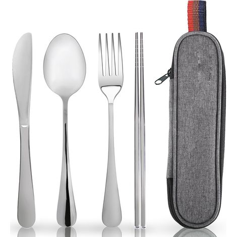 Set de couverts de voyage portable (avec étui de rangement) — Ensemble réutilisable 3 pièces en acier inoxydable (couteau, fourchette et cuillère) pour le bureau, le camping et les pique-niques