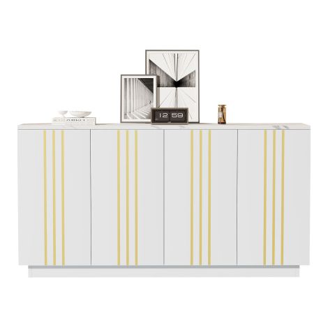 Armoire de rangement buffet blanc à décor doré 4 portes avec fermeture amortie dimensions 140×35×70cm plateau imitation marbre pour salon et salle à manger domestique (1/5)