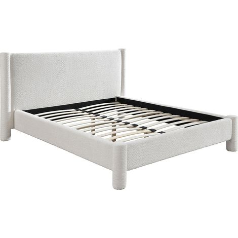 Vente-Unique – Lit adulte 180 x 200 cm – Tissu bouclette 100% polyester – Blanc – Cadre à lattes – Charge max 230 kg – Éco-responsable - LIT 180 X