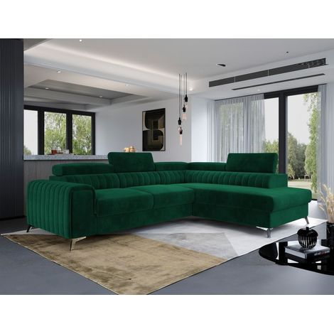 Ecksofa mit Schlaffunktion Sofa ELENI Stoff Kronos Flaschengrün Ottomane Rechts (1/4)