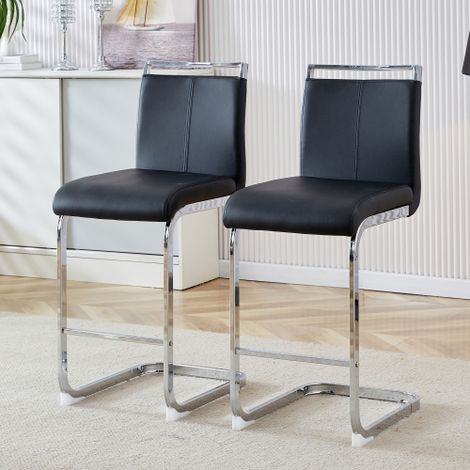 Lot de 2 tabourets de bar en PU et métal, avec dossier et repose-pieds, style nordique, noir et argenté (1/5)