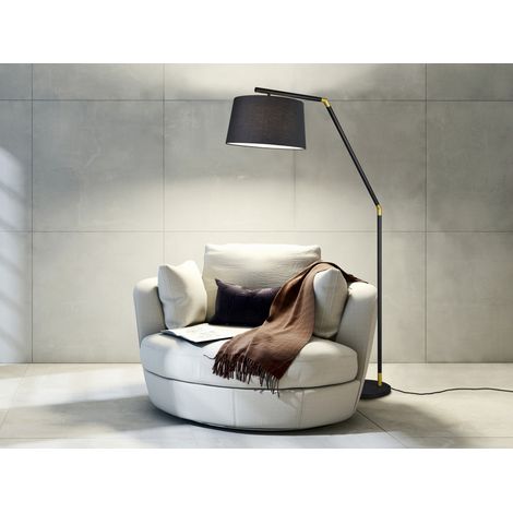 LED Bogenleuchte Metall Schwarz Gold mit Stoffschirm Schwarz, Höhe 175cm