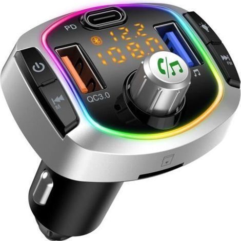 Bluetooth FM Transmitter, Bluetooth Hands-Free Car Kit with USB QC3.0 + Type-C Cigarette Lighter Charger, Support TF Card/Key (1/4)