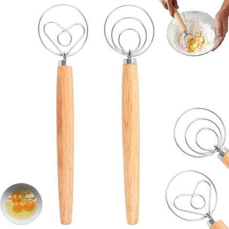Dänischer Schneebesen, Edelstahl-Spiralschneebesen, Holzgriff-Kneter, dänischer Schneebesen, Brotteig-Schneebesen, Kneter für Gebäck, Brot, Gebäck, Dessert, Pizzateig, 2 Stück (1/5)