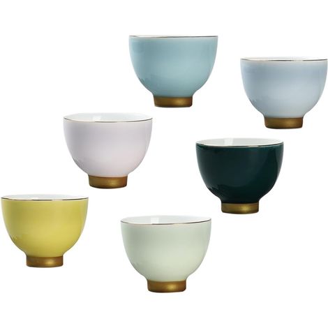 Keramisches Teetassen 6 Stück Stabiles Design mit Goldrand Hoher Fuß Vielseitige Trinkbecher für Zuhause Büro und Café Zufällige Farbe (1/5)