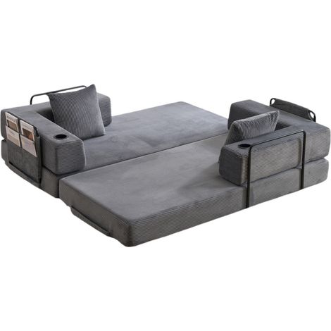 Canapé-lit pliable en velours côtelé gris foncé avec rangement et porte-gobelet (1/5)