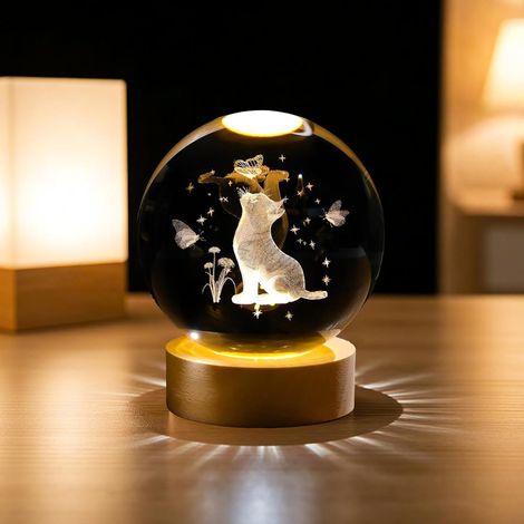 Veilleuse Boule de Cristal 3D, Boule de Cristal Veilleuse 3D Gravée en Forme de Chat Mignon avec LED Base en Bois, pour Amoureux des Chats, Décoration de Chambre (1/5)