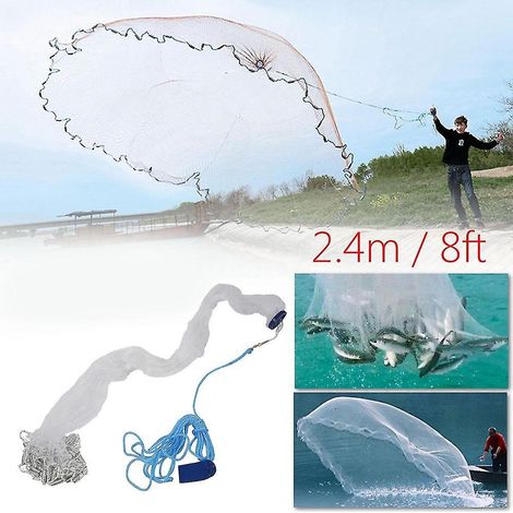 Filet de pêche de 2,4 mètres (8 pieds), facile à lancer à la main, maille en nylon résistant de 19 mm (3/4 pouce), avec plomb.