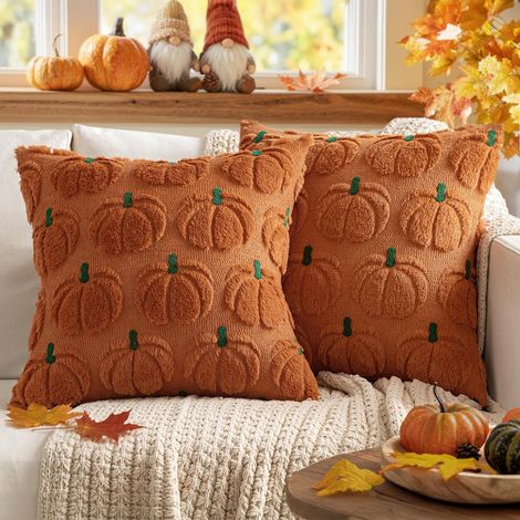 Lot de 2 housses de coussin 50x50 cm, motif citrouille d'automne, vert caramel, coussins décoratifs, coussins d'appoint, coussins de canapé, motif citrouille en laine, coussins moelleux pour Halloween (1/5)