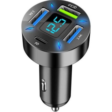 4 Ports Chargeur Voiture Allume Cigare USB, Chargeur Allume Cigare USB Rapide 50W QC3.0&PD Prise Allume Cigare USB avec LED Voltmètre, Compatible avec iPhone, Android, Samsung, Tablette et Smar