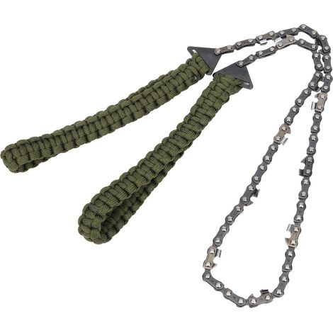 Edelstahl-Taschenkettensäge mit 11 Zähnen, Überlebenswerkzeug mit Paracord für Camping und Wandern – Militärgrün