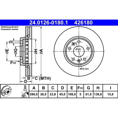 Lot de 2 Disques de frein ATE 24.0126-0180.1 MERCEDES-BENZ 415 421 04 12
