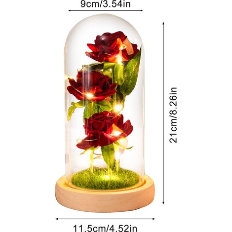 Rose décorative sous dôme de verre avec guirlande lumineuse LED – fleurs artificielles romantiques sous cloche en verre pour votre amoureuse (1/5)