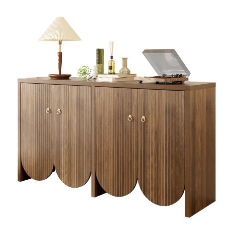 Buffet élégant en noyer, 147 x 40 x 80 cm, 4 portes avec étagères réglables et poignées en aluminium – Meuble de rangement polyvalent pour salon, salle à manger et entrée