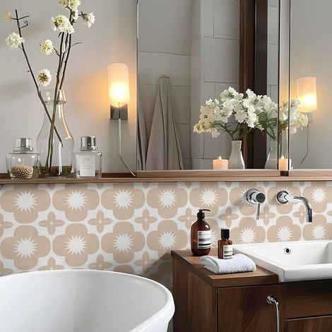 Autocollant de carrelage en vinyle pour salle de bain, cuisine, crédence, carrelage mural en vinyle à décoller et coller Motif floral beige 15 cm (1/5)