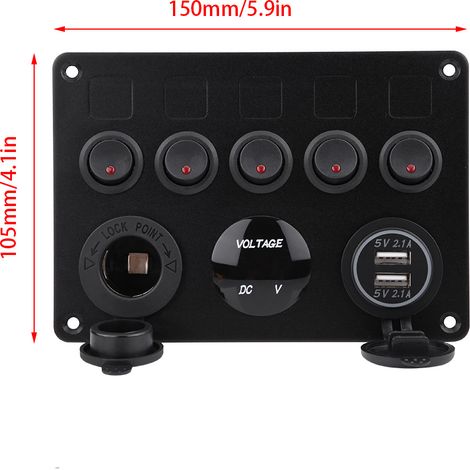Panneau de 5 interrupteurs à bascule marche/arrêt 12-24V avec 2 ports USB et voltmètre LED rouge pour voiture bateau camion maritime (1/5)