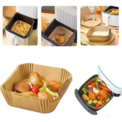 Lot de 50 doublures carrées en papier parchemin pour friteuse à air, anti-adhésif, résistant à l'huile, jetables, de qualité alimentaire, sans javel, poêle à frire, friteuse à air, rôtissage, (1/4)