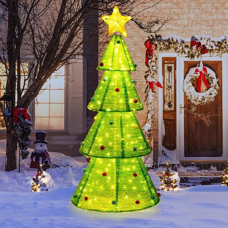 COSTWAY Décoration de Sapin de Noël Pliable de 190 cm, Arbre de Noël Pré-éclairé 200 Lumières LED Étoile Supérieure Boules de Fourrure Attaches Zippées Piquets de Sol, pour Maison/Extérieur (1/5)