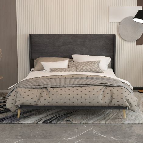 Lit 160x200cm - Lit Double Rembourré 160x200 - Tête de Lit Moelleuse en Velours Hollandais - Structure Stable et Moderne - Gris (1/5)