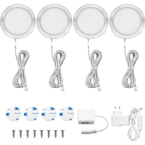 4er Lampe de Placard LED, Éclairage LED Cuisine Sous Meuble, Blanc Chaud, Spots LED Vitrine pour Penderie Cuisine Armoire Camping Car Entrée Couloir Toilette, 250LM par Spot, Accessoires inclus (1/5)