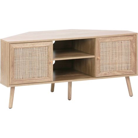 Wood and cane decor corner TV unit, 2 doors, 1 shelf, 115cm (1/5)