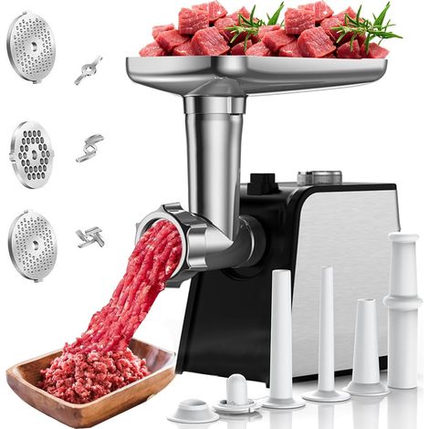 Hachoir à viande électrique 3 en 1 avec poussoir à saucisse, hachoir à viande électrique avec 3 tubes de remplissage saucisses, 2 moules à boulettes, 2 lames en acier inoxydable, 3 plaques de hachage (1/5)