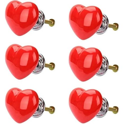 Lot de 6 boutons de tiroir de commode en forme de cœur vintage en céramique pour cuisine, armoire, chambre d'enfant - Rouge - 2 Red (1/5)