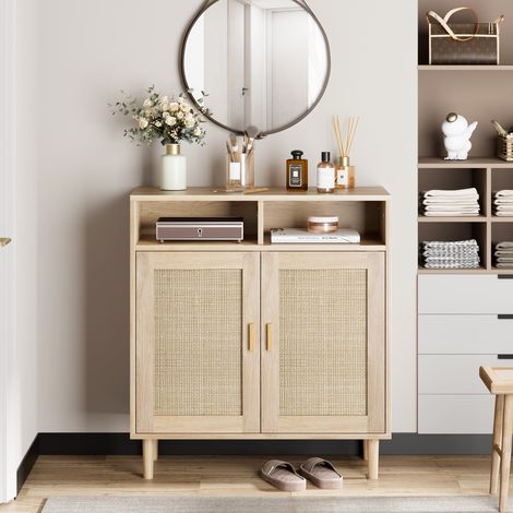 Buffet en rotin - 80 x 92 x 40 cm - Avec 2 compartiments ouverts et 2 portes en rotin - Commode en bois - Armoire de rangement - Table de buffet - Table de rangement - Armoire à café - Meuble (1/5)