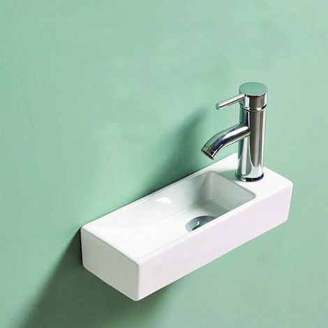 Rue Du Bain – Lave-main céramique blanc 38x15 cm – Vasque rectangulaire sans trop-plein – Installation murale ou sur plan de toilette – Gain de place (1/5)